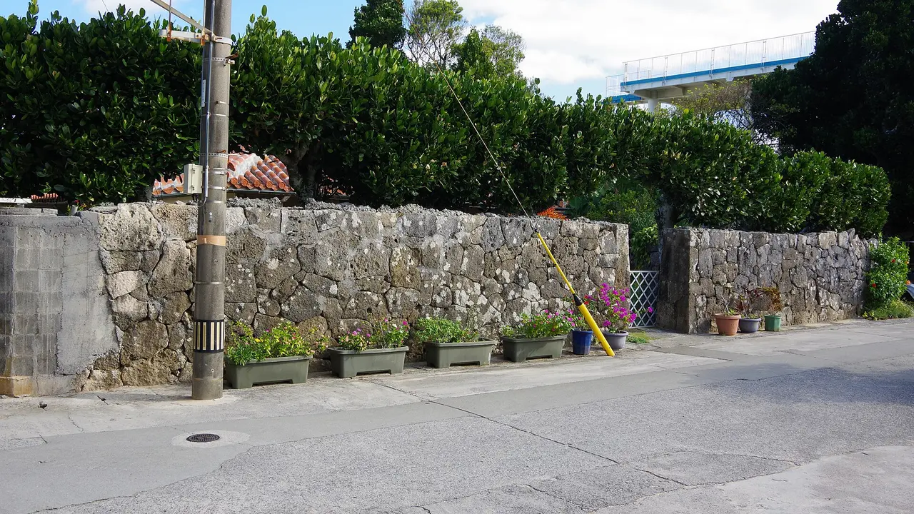 A coral stone wall along a village lane on Kudaka Island, Okinawa, Japan