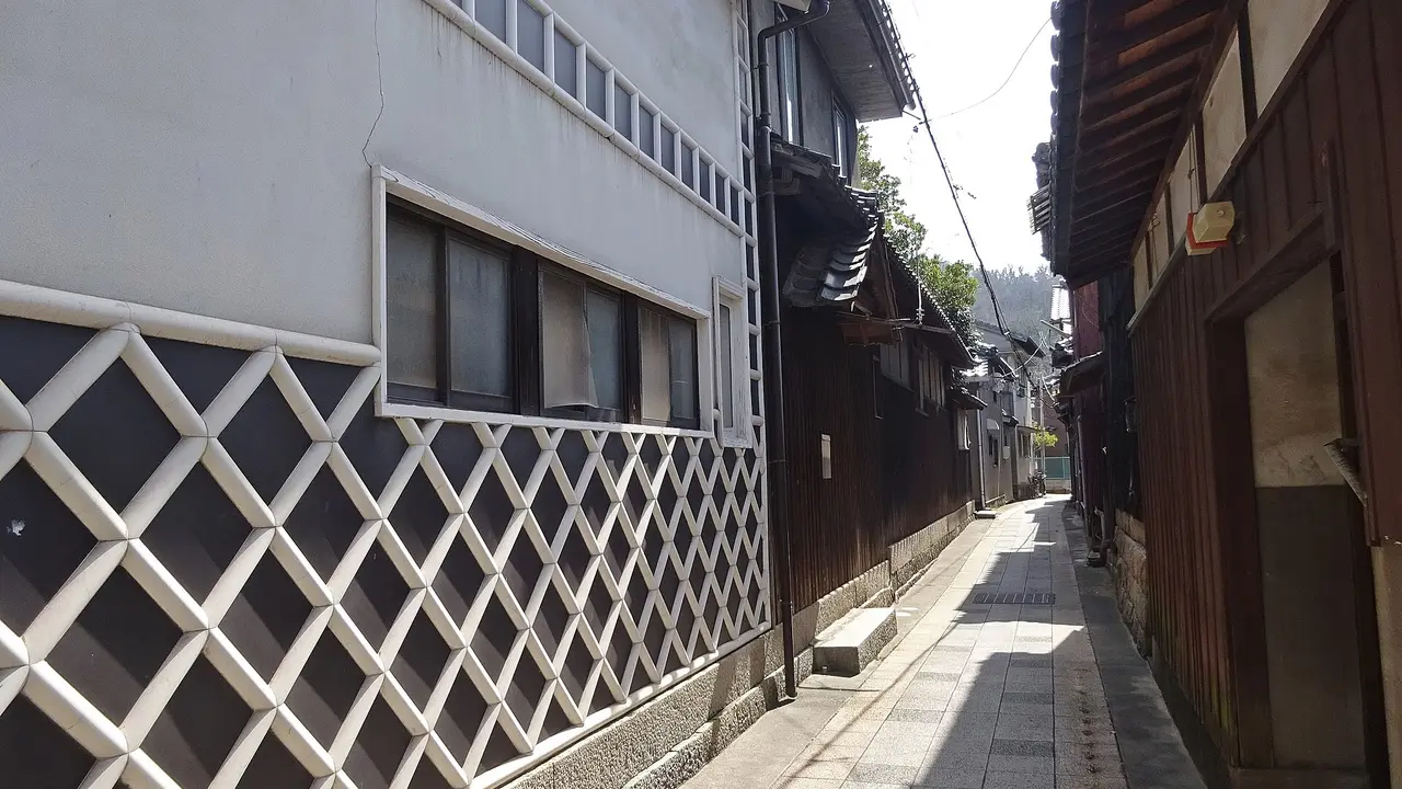 A row of old wooden houses on Manabeshima, Okayama, Japan