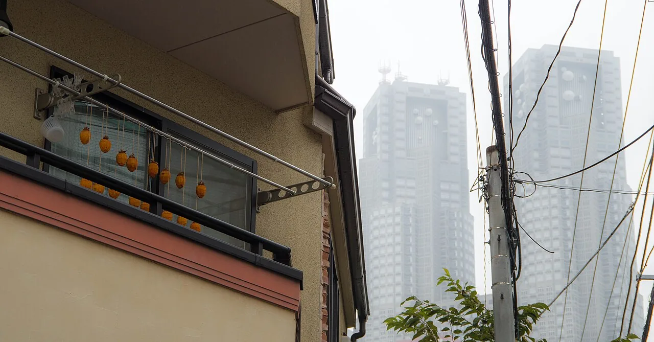 Overhead wires and a utility pole with Tokyo high-rises behind
