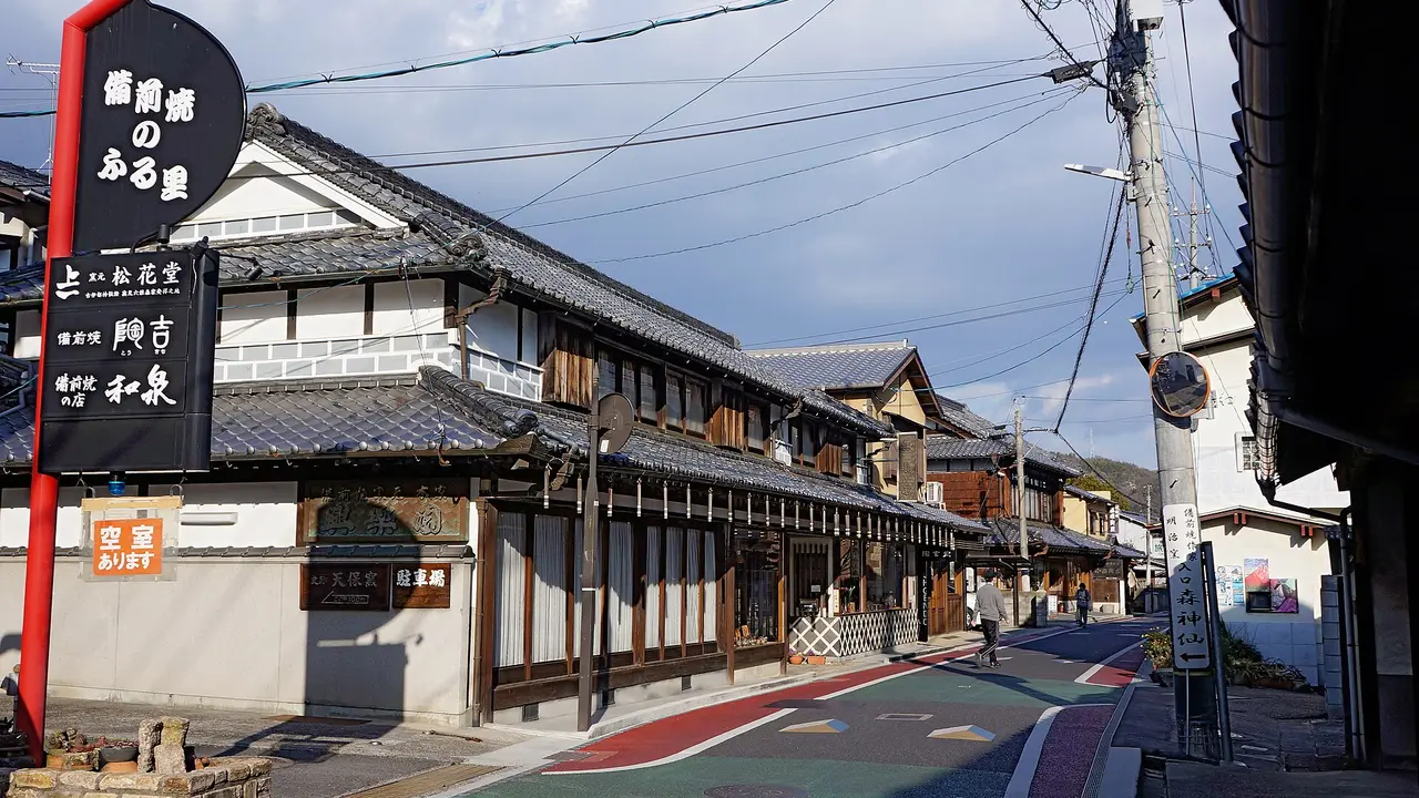 Pottery shops along the main street of Imbe, Bizen, Okayama, Japan