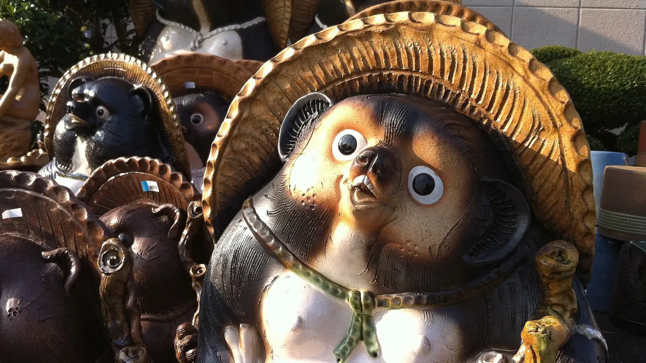 Rows of ceramic tanuki figures for sale in Shigaraki, Shiga, Japan