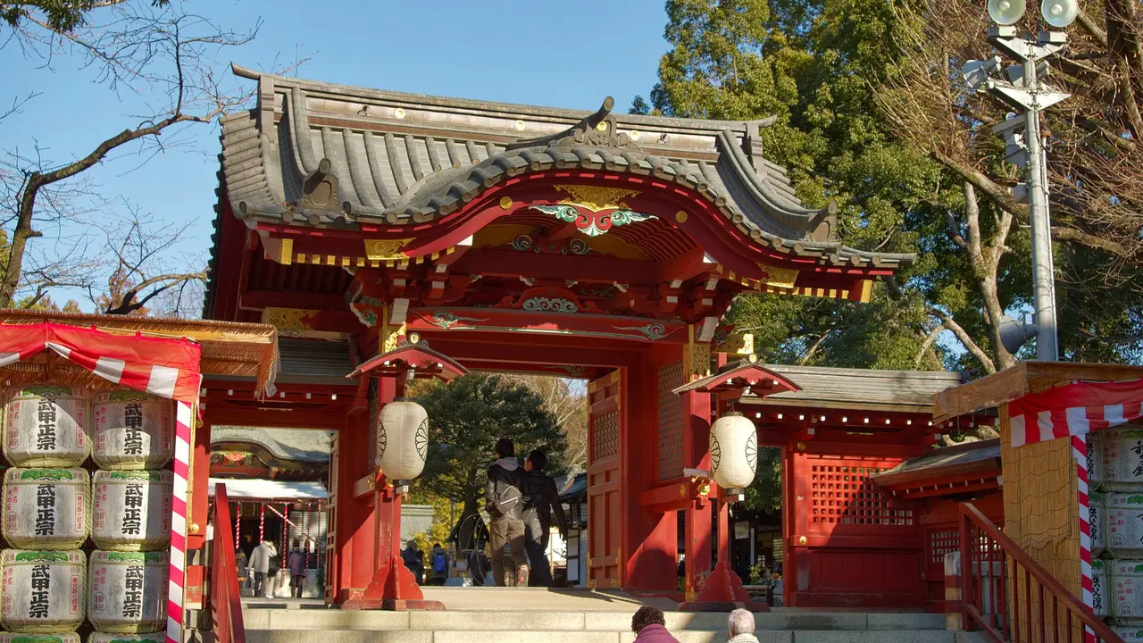 The gate of Chichibu Shrine with stacked sake barrels, Chichibu, Saitama, Japan