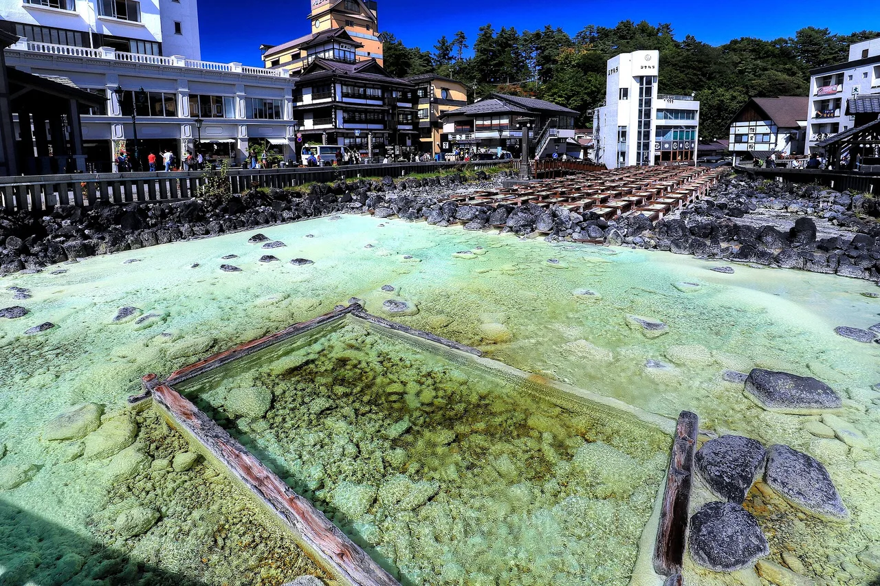 The Yubatake hot spring field at Kusatsu Onsen, Gunma, Japan