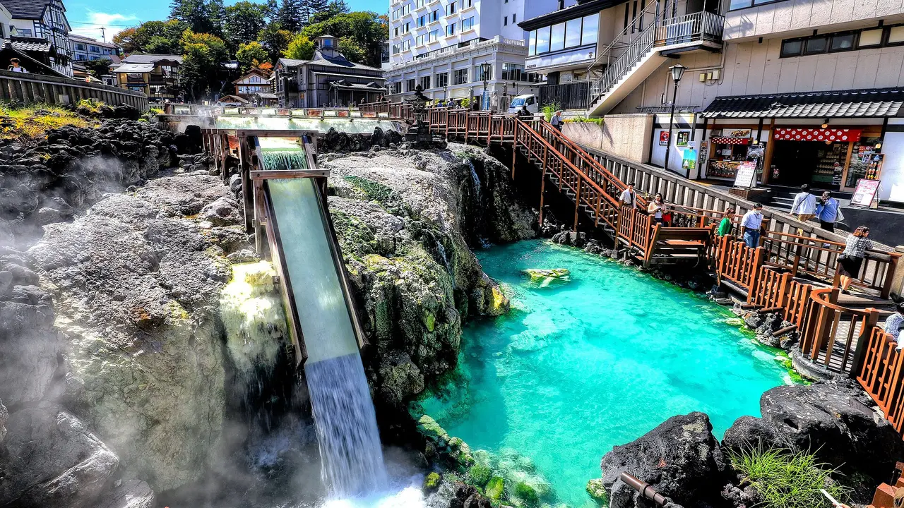 The Yubatake hot spring field in the centre of Kusatsu Onsen, Gunma, Japan